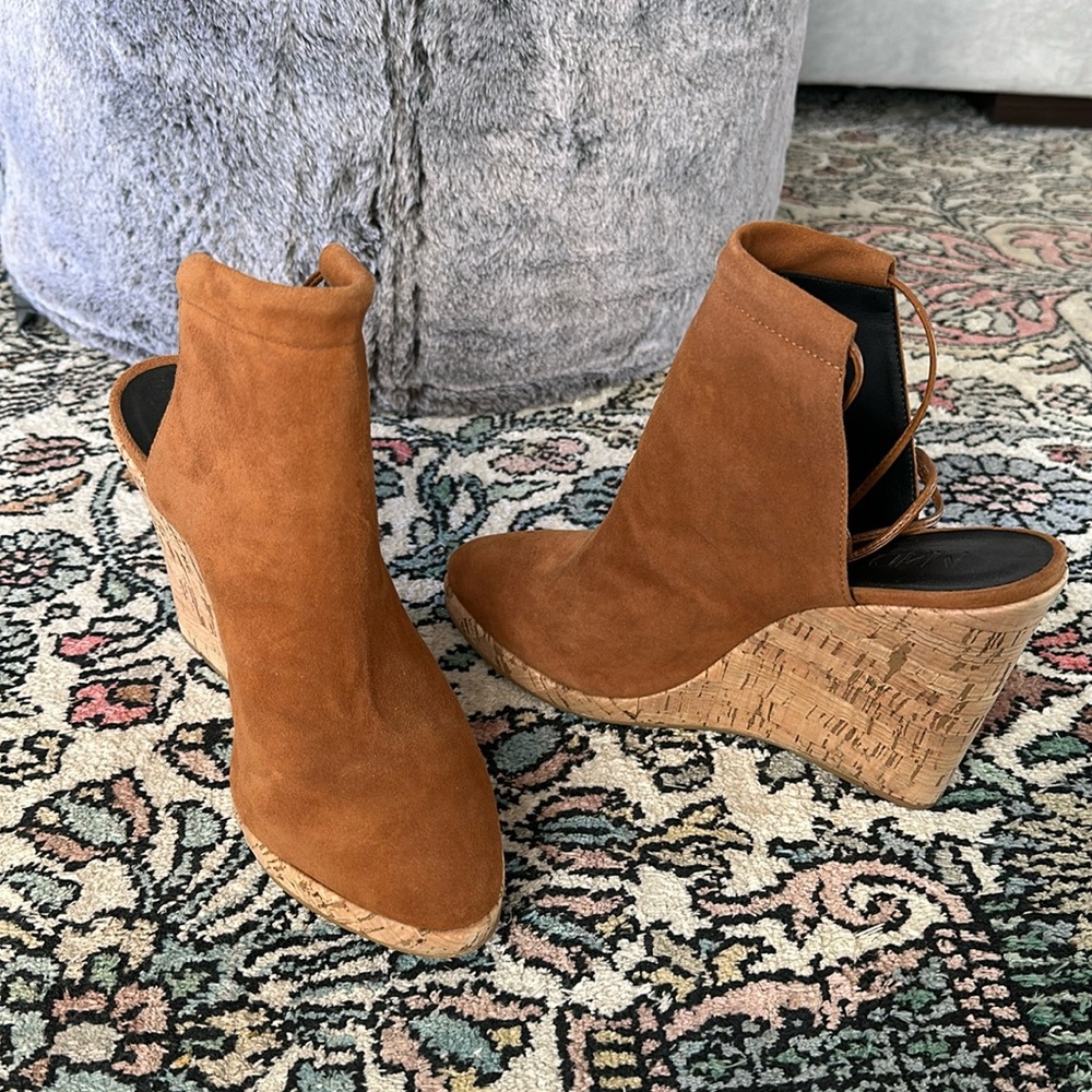 M4DE from Anthropologie suede wedge heel booties